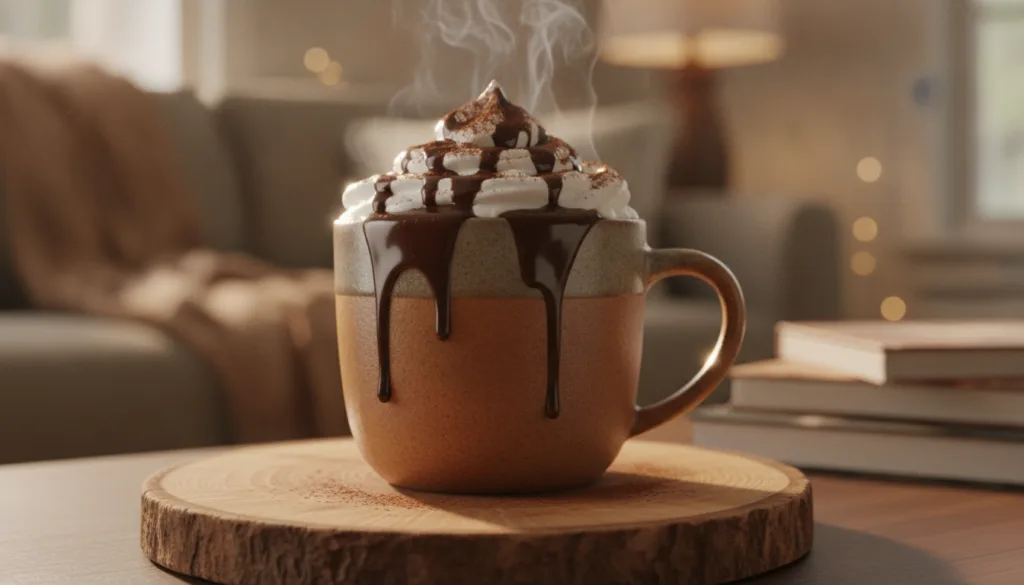 A close-up shot of a cozy mug of hot chocolate with whipped cream and a delicate chocolate drizzle surrounded by warm so