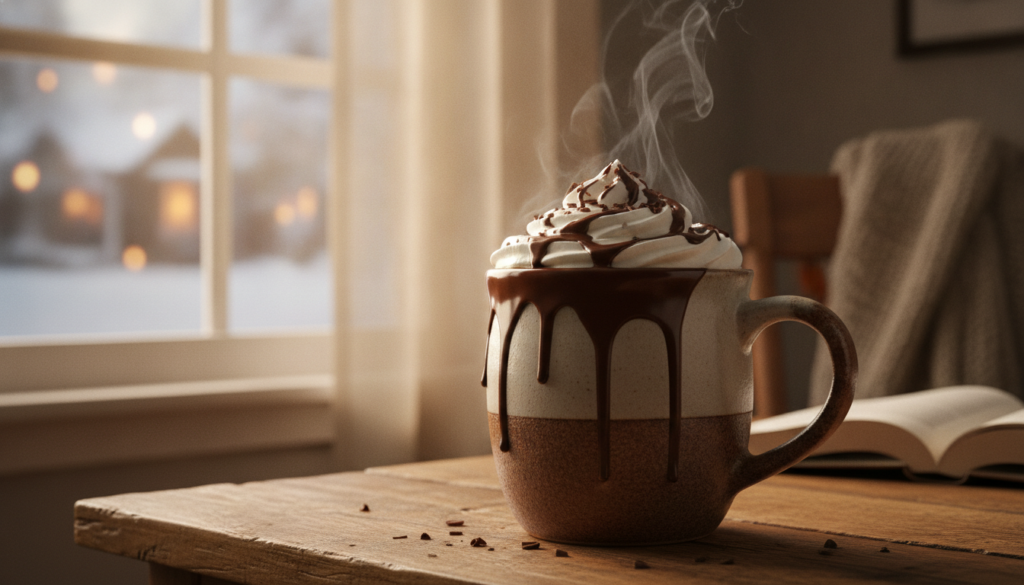 A close-up of a steaming mug of hot chocolate with whipped cream and chocolate drizzle placed on a wooden table next to