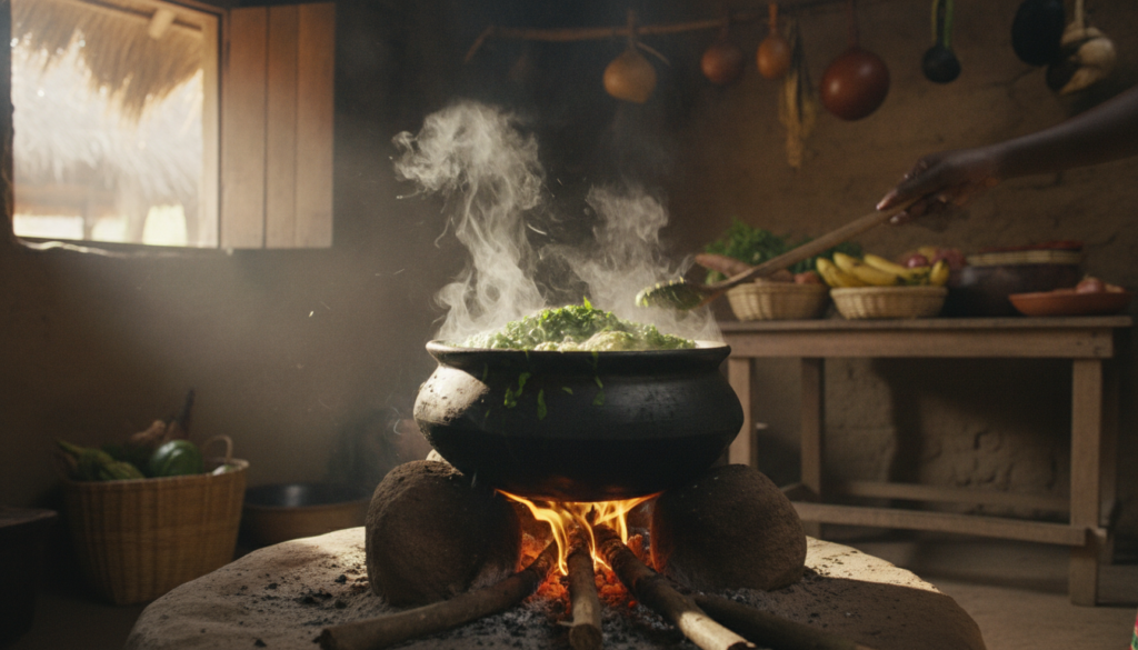 A traditional cooking scene showing finely chopped cassava leaves being boiled in a pot over a gentle flame with steam r