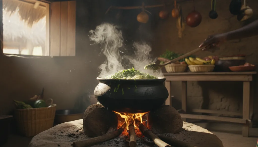 A traditional cooking scene showing finely chopped cassava leaves being boiled in a pot over a gentle flame with steam r
