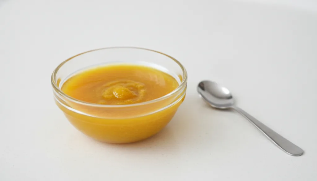 A close-up of a small glass bowl with a golden-yellow mixture of baby oil and turmeric with a small mixing spoon or brus