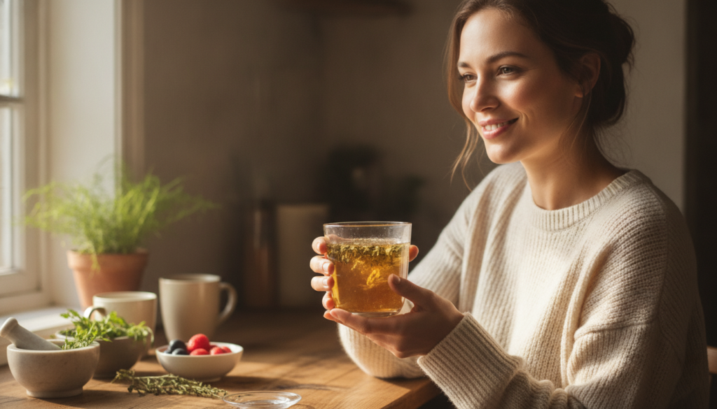 A woman smiling softly holding a cup of warm water with the dissolved herb and honey blend representing daily consumptio