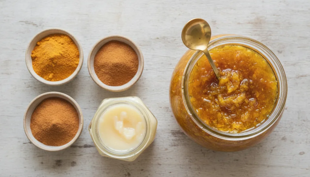 A top-down view of a glass jar filled with the golden herb and honey blend with a small spoon resting on the rim Next to