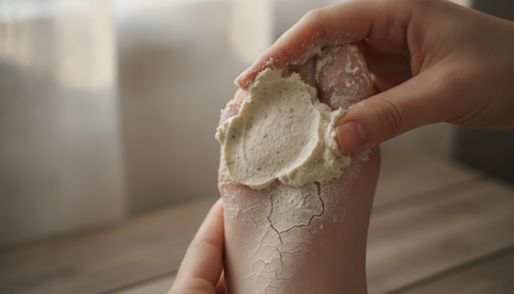 A close-up of a person applying the homemade baking soda and lemon paste to their cracked heel