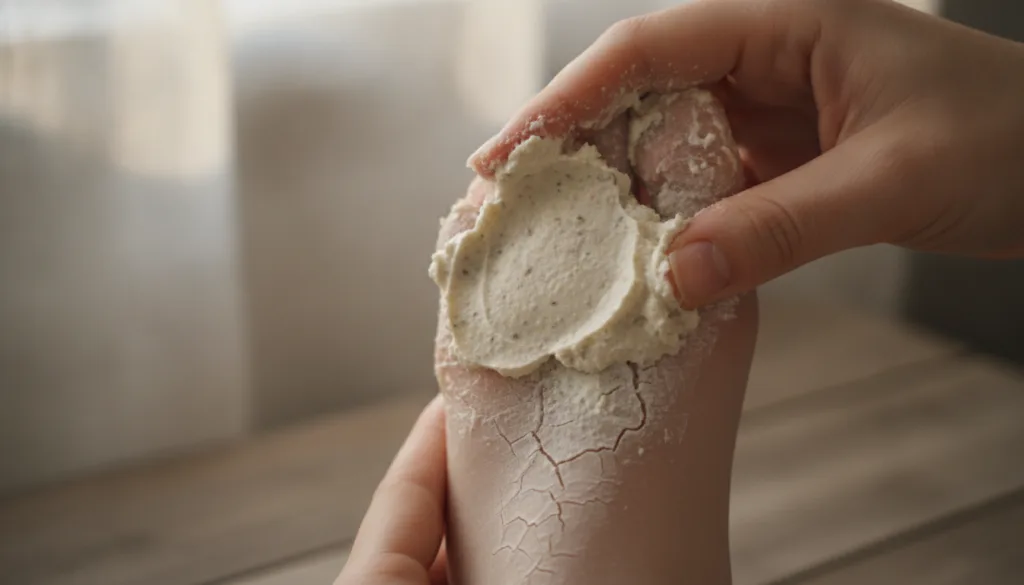 A close-up of a person applying the homemade baking soda and lemon paste to their cracked heel