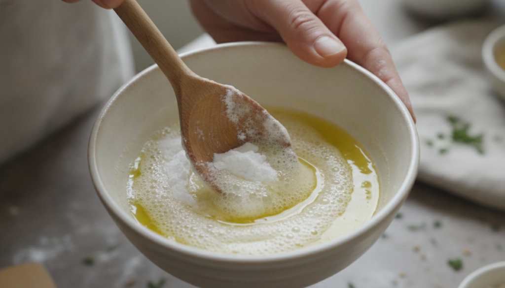 A person mixing baking soda lemon juice and olive oil in a small bowl to create a paste for a foot remedy