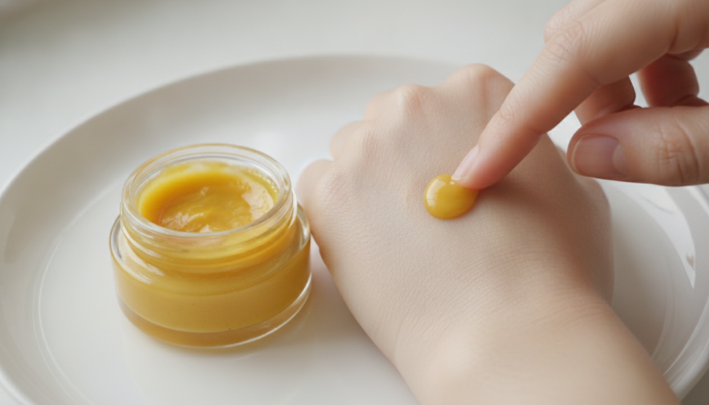 A small airtight container filled with the golden Vaseline and turmeric balm with a clean finger gently dabbing some ont