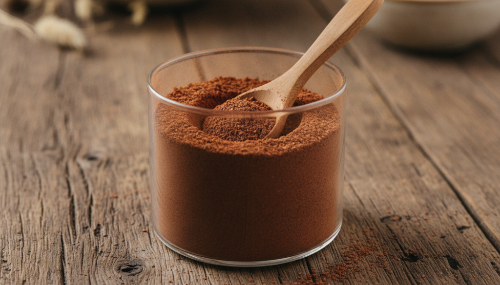 A close-up shot of a glass jar filled with the mixed beauty powder with a wooden spoon dipping into it