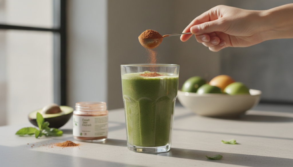 A vibrant green smoothie or drink with a spoonful of the beauty powder being added suggesting daily consumption
