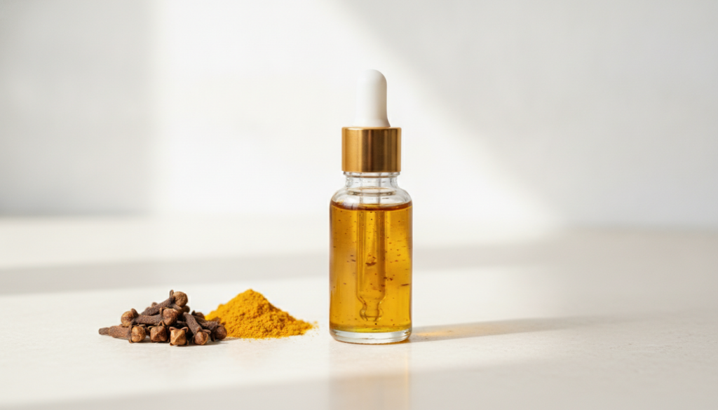A small clear glass dropper bottle filled with golden-hued infused oil next to a small pile of whole cloves and a pinch