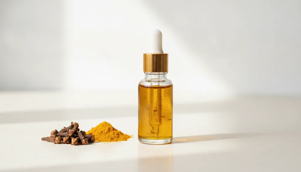 A small clear glass dropper bottle filled with golden-hued infused oil next to a small pile of whole cloves and a pinch 
