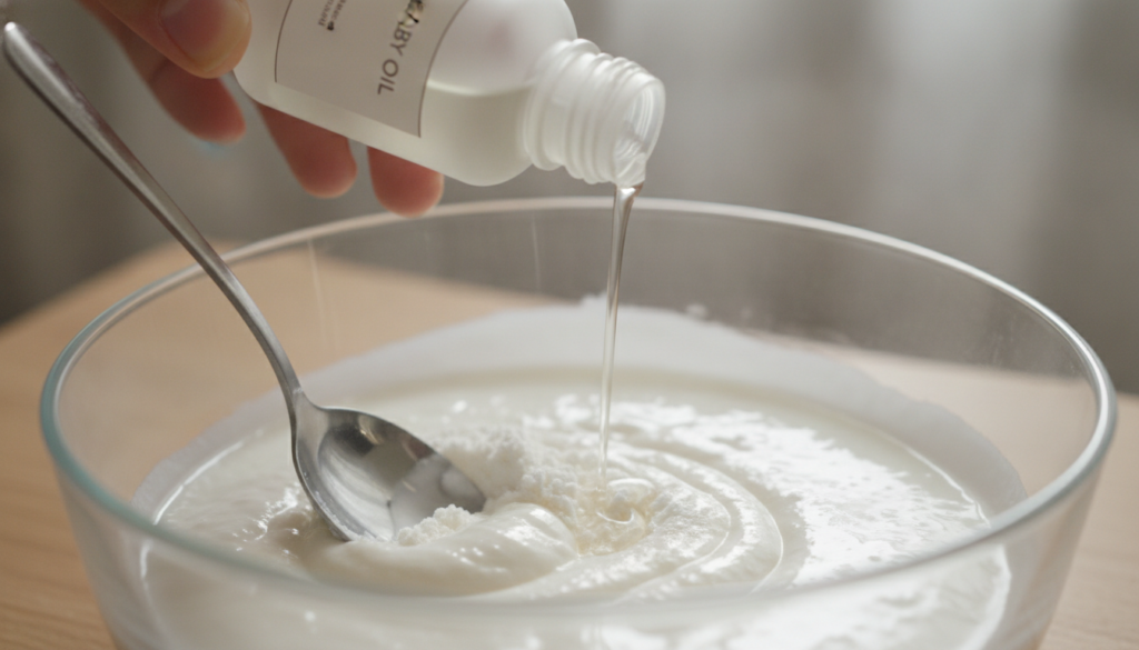 Close-up of baby oil being poured from a bottle into a bowl with white rice flour with a hand holding a spoon mixing the