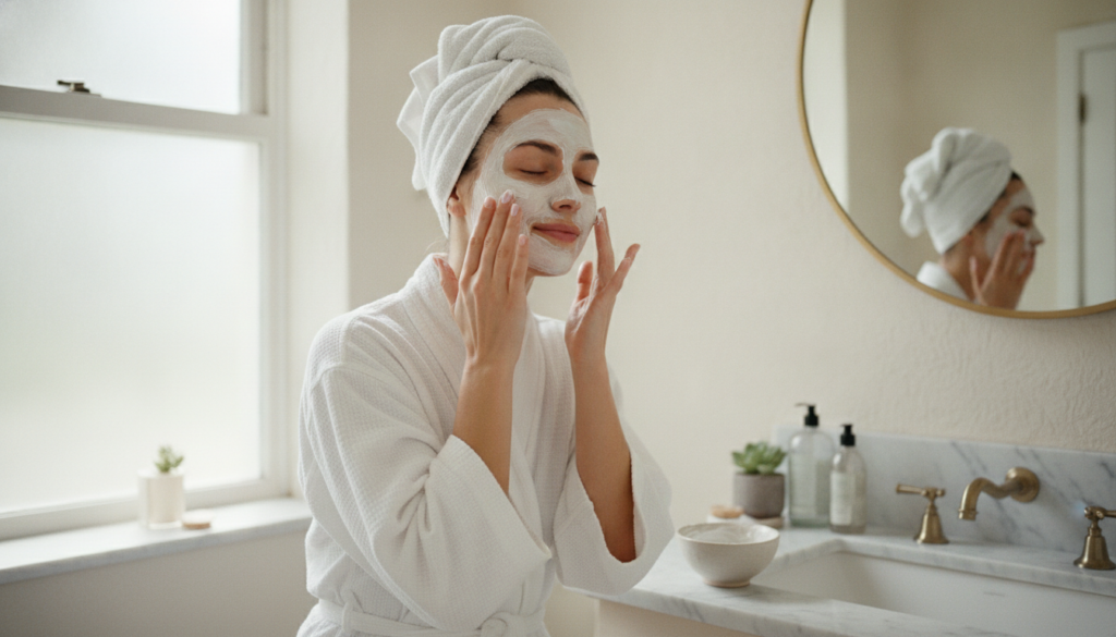 A woman gently applying the homemade baby oil and rice flour mask to her clean face with a soft expression