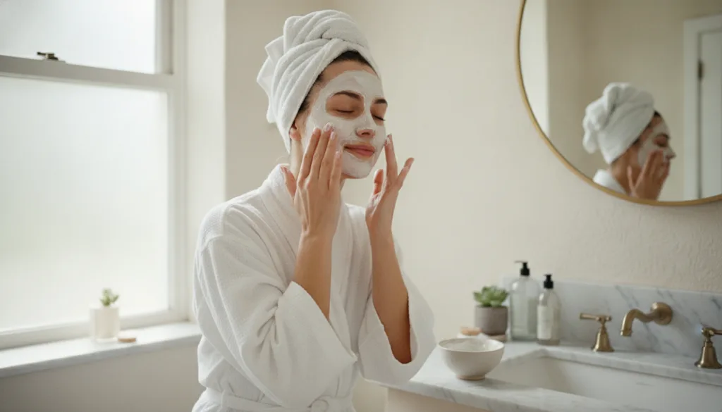 A woman gently applying the homemade baby oil and rice flour mask to her clean face with a soft expression