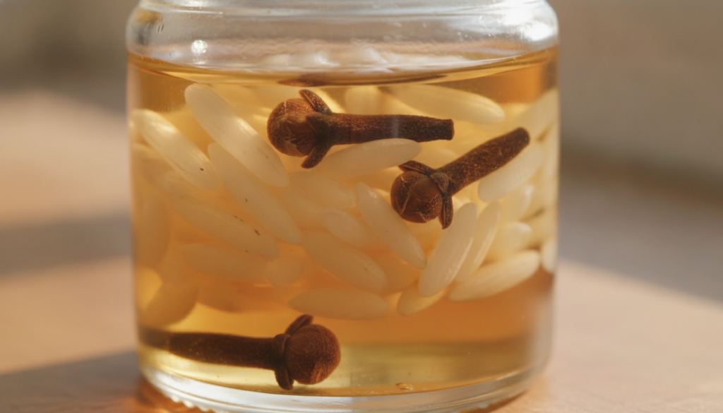 Close-up of white rice grains and whole dried cloves submerged in clear oil within a small glass jar on a clean light ba