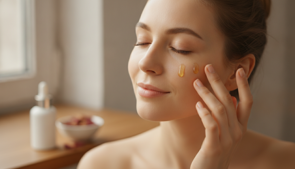 A woman gently applying a few drops of homemade facial oil to her cheek with a serene expression with natural light high