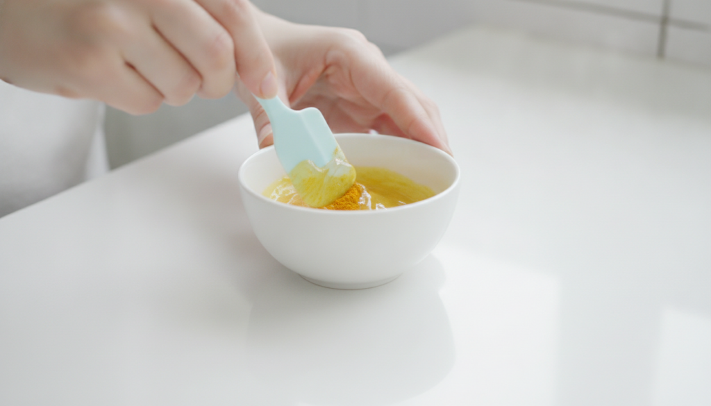 A woman s hands mixing Vaseline with a yellow powder turmeric in a small white ceramic bowl with a mini spatula showing