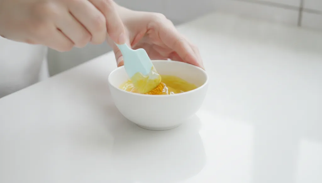 A woman s hands mixing Vaseline with a yellow powder turmeric in a small white ceramic bowl with a mini spatula showing