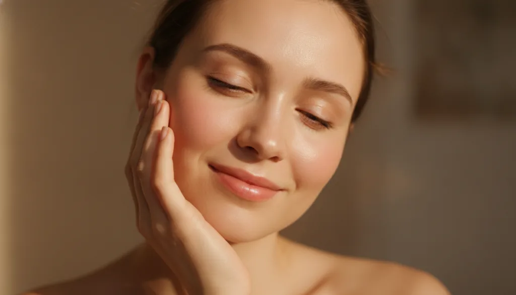 A woman gently touching her cheek which appears smooth and radiant suggesting the positive results of a natural skincare