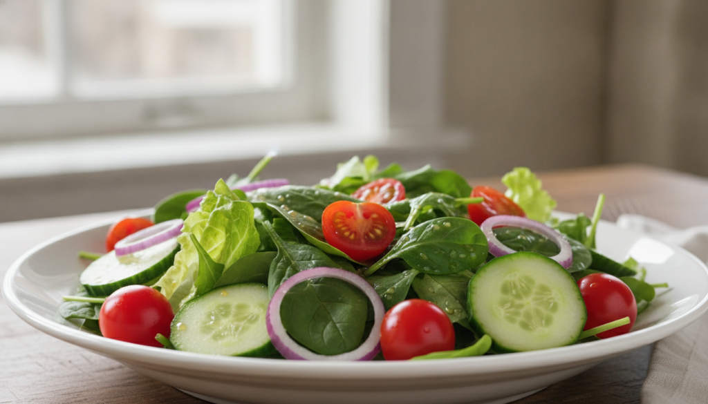 A vibrant healthy salad featuring thinly sliced red onions mixed greens cherry tomatoes and cucumber with a light vinaig