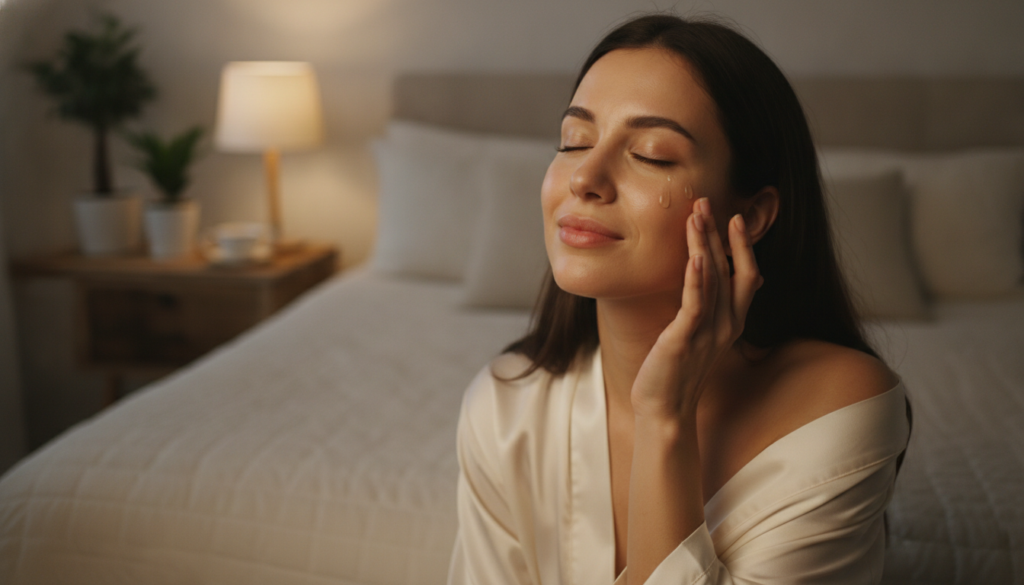 A woman applying a small amount of the hydrating baby oil blend to her face at night her skin looking soft and reflectiv