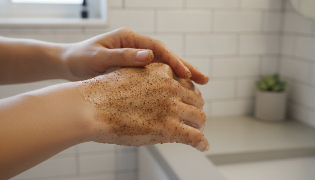 A close-up of a hand gently applying the coffee grounds and baby oil scrub to the back of another hand showing a texture