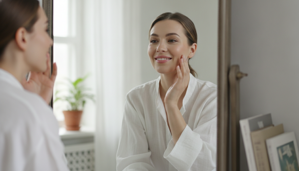 A woman smiling and looking at her reflection in a mirror touching her smooth-looking cheek conveying a sense of confide