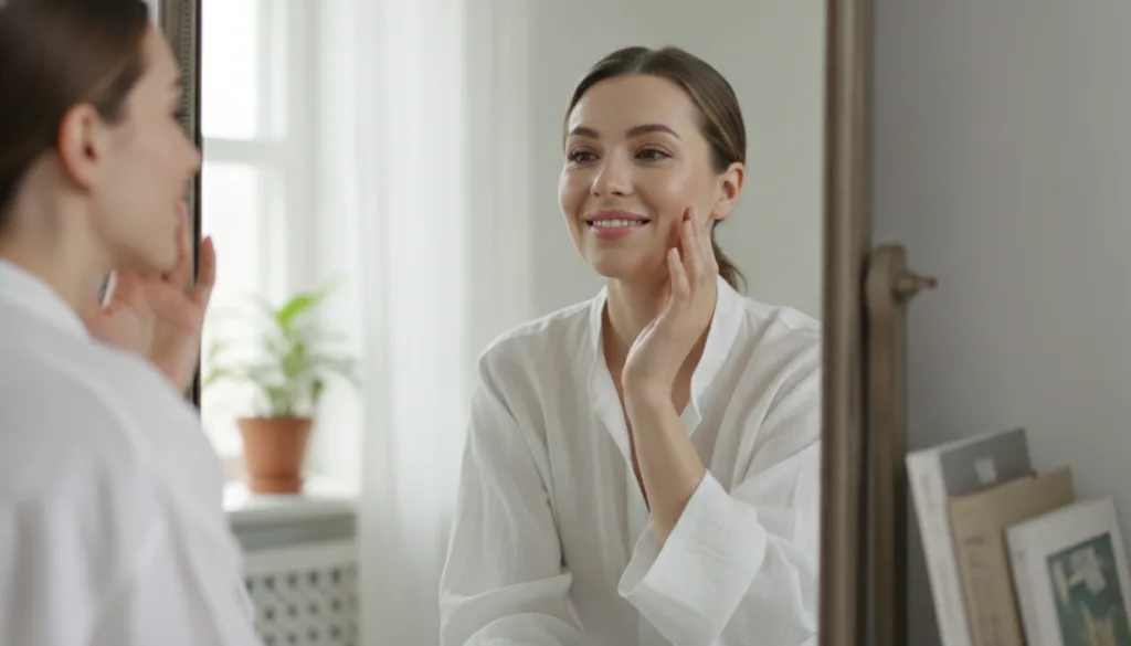 A woman smiling and looking at her reflection in a mirror touching her smooth-looking cheek conveying a sense of confide