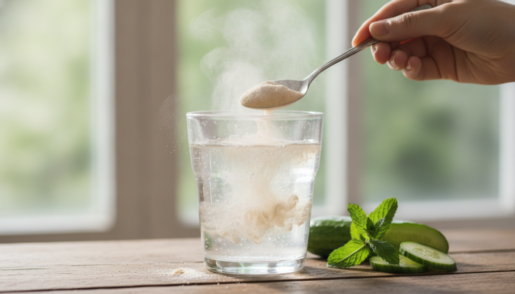 A hand stirring a spoonful of the light beige beauty powder into a glass of water with a refreshing healthy look The pow