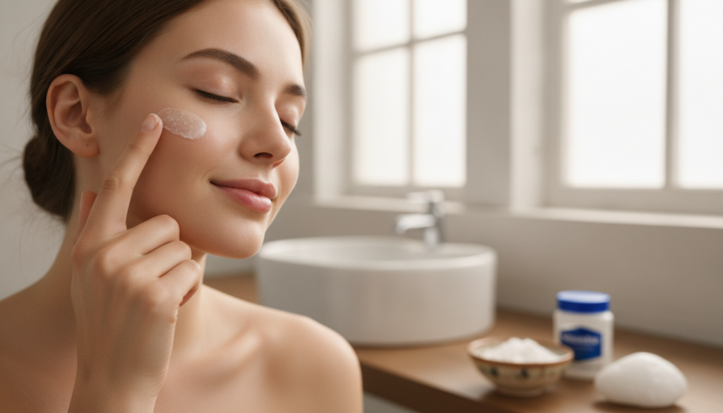 A woman gently applying a small amount of homemade skin blend to her cheek demonstrating careful application Her skin lo