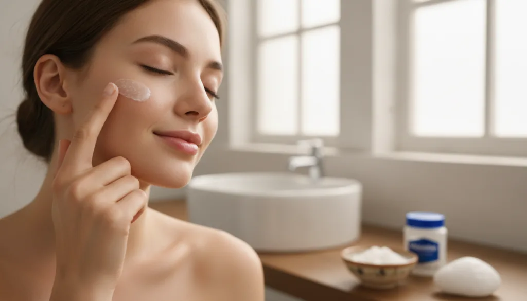 A woman gently applying a small amount of homemade skin blend to her cheek demonstrating careful application Her skin lo
