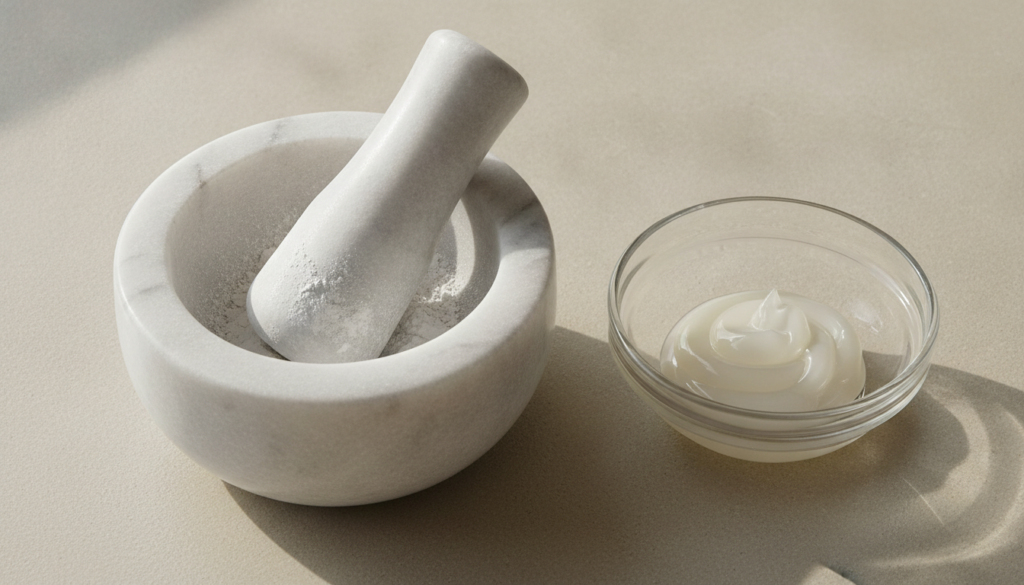 A close-up of a mortar and pestle grinding a small white alum stone into a fine powder Next to it a small bowl of Vaseli