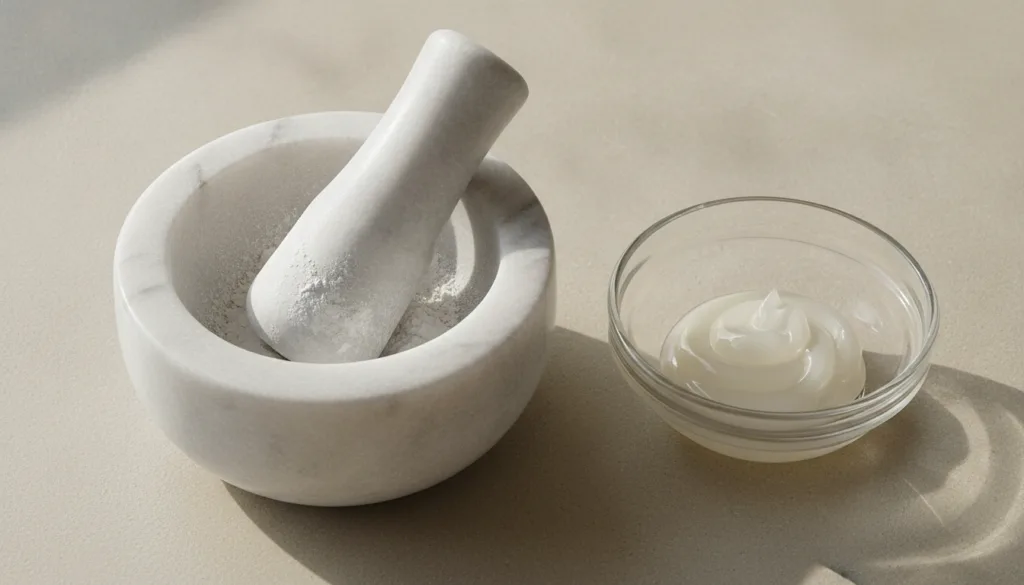 A close-up of a mortar and pestle grinding a small white alum stone into a fine powder Next to it a small bowl of Vaseli