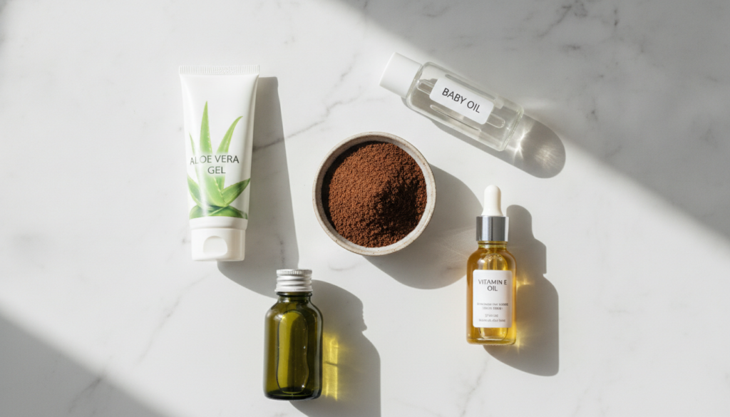 All the ingredients for the DIY anti-aging elixir laid out on a clean surface a small bowl of coffee grounds a bottle of