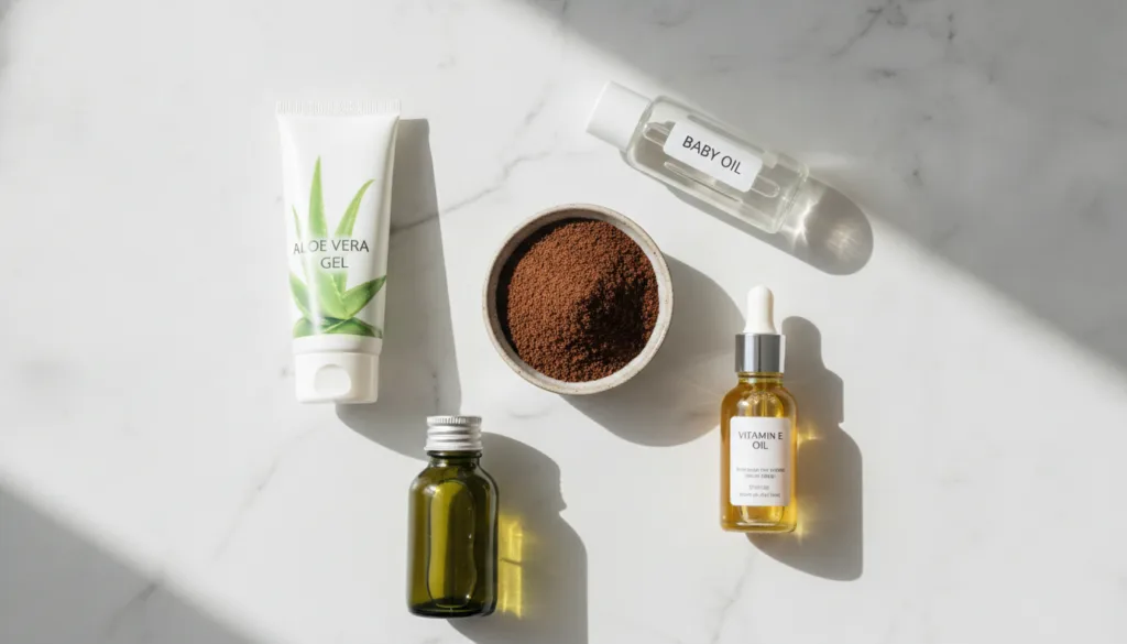 All the ingredients for the DIY anti-aging elixir laid out on a clean surface a small bowl of coffee grounds a bottle of