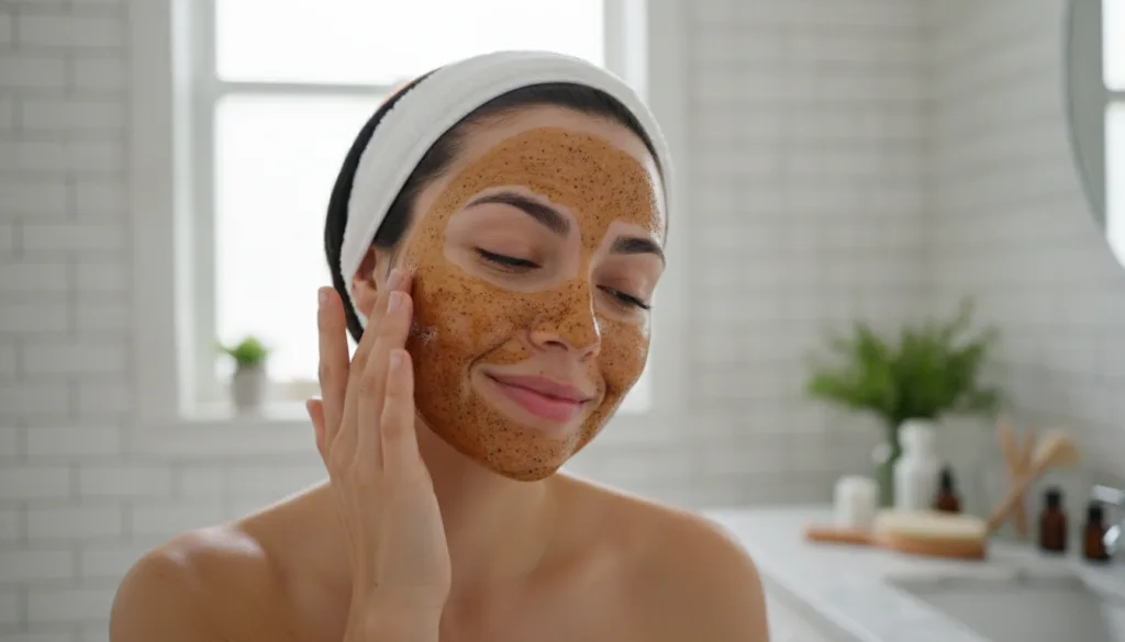 A woman gently massaging the DIY coffee and oil mask onto her face with her fingertips showing the texture of the mask a