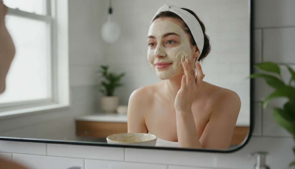 A woman gently applying a DIY mask to her clean face looking into a mirror with a soft smile Her skin appears fresh and 