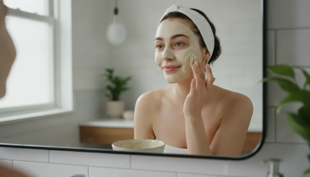 A woman gently applying a DIY mask to her clean face looking into a mirror with a soft smile Her skin appears fresh and 