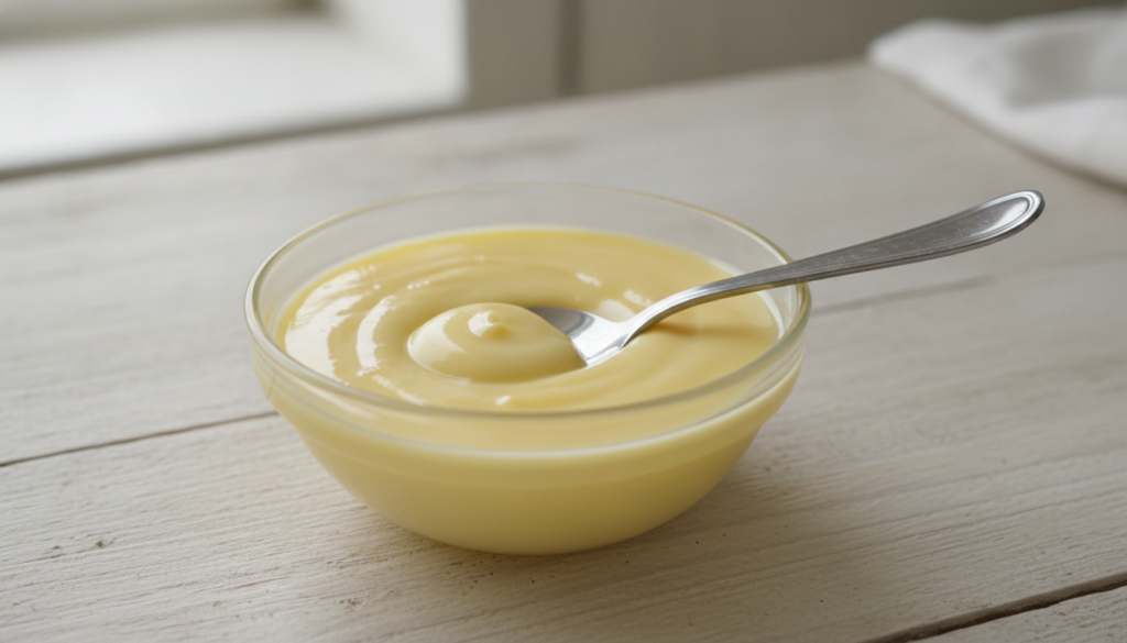 A close-up of a small bowl containing the creamy yellow mixture of Vaseline and egg yolk with a mixing spoon visible The