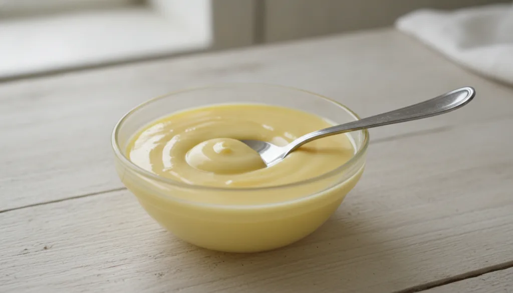 A close-up of a small bowl containing the creamy yellow mixture of Vaseline and egg yolk with a mixing spoon visible The