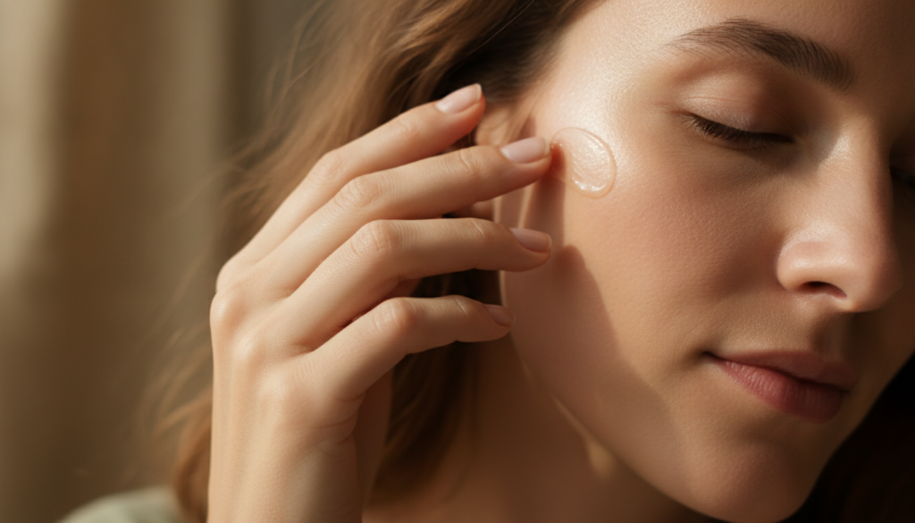A woman s hand gently applying a small amount of a homemade balm to her cheek showing smooth radiant skin Her face has a