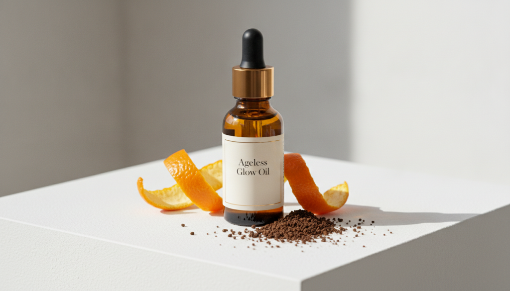 A small amber glass dropper bottle filled with golden Ageless Glow Oil on a clean simple background next to a few fresh 