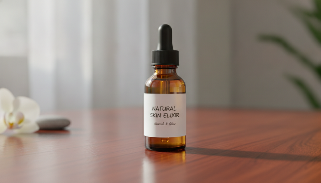A small elegant amber glass dropper bottle filled with the finished clove and vitamin E oil placed on a wooden vanity wi