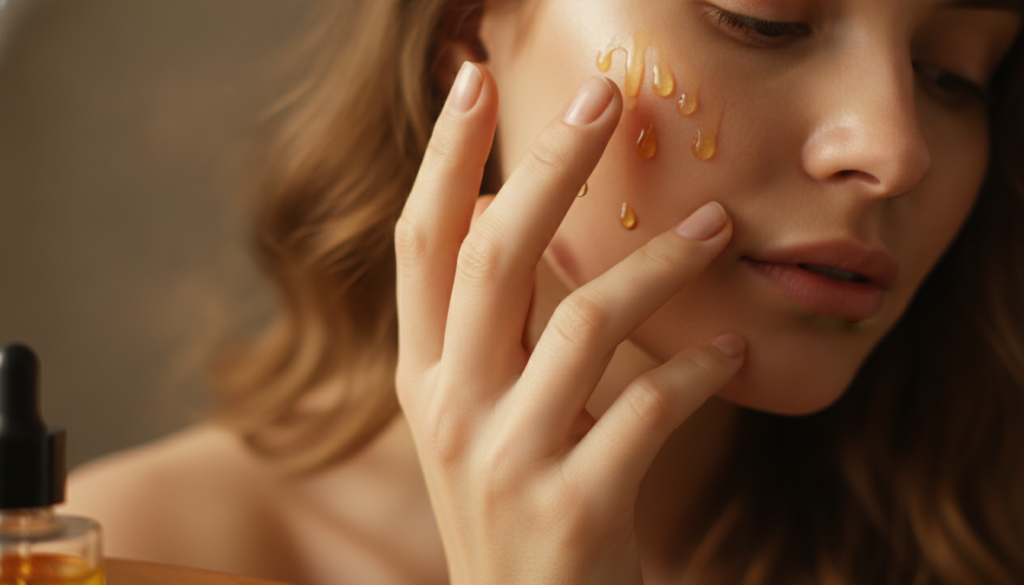 A woman s hand gently applying a few drops of a golden oil serum to her clean face showing a natural glowing complexion 