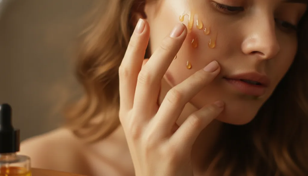 A woman s hand gently applying a few drops of a golden oil serum to her clean face showing a natural glowing complexion
