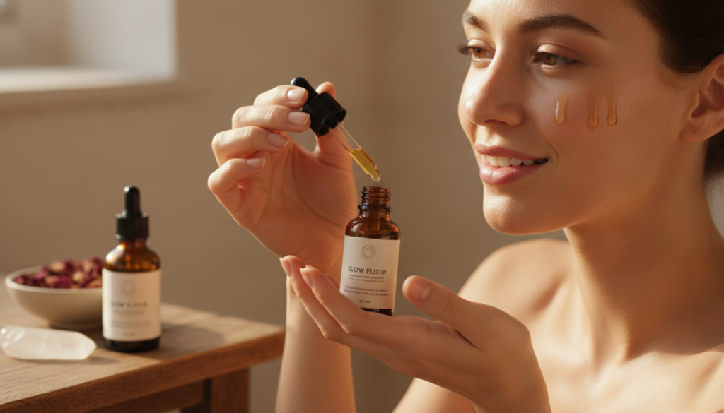 A small glass bottle of finished DIY glow oil with turmeric and rice placed next to a woman gently applying oil to her f