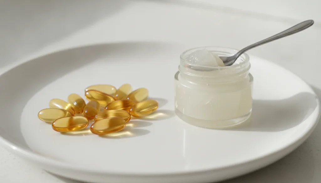 A close-up of Vitamin E capsules and a small jar of petroleum jelly on a clean white surface