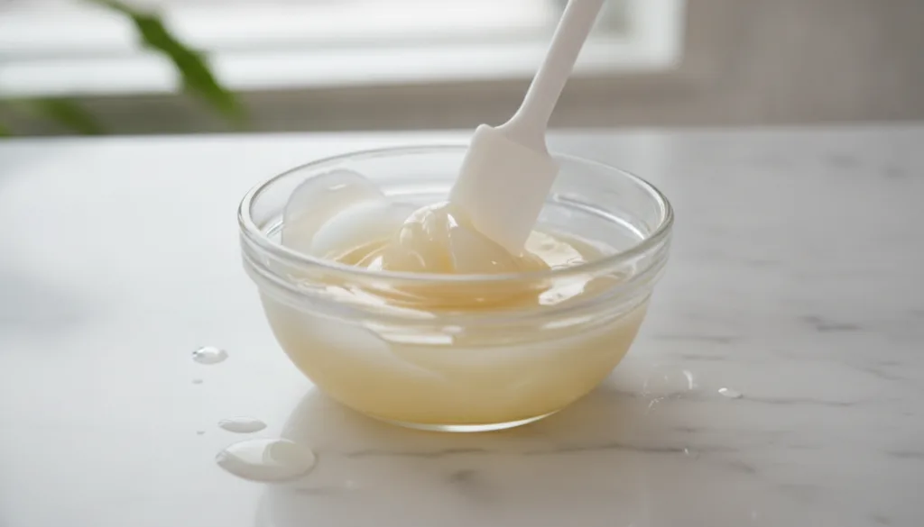 Close-up of Vitamin E oil being mixed with petroleum jelly in a small glass bowl with a mini spatula creating a smooth b
