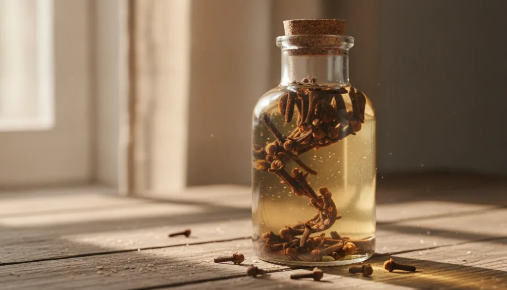 A clear glass jar filled with baby oil and whole dried cloves sitting on a rustic wooden table with natural light emphas