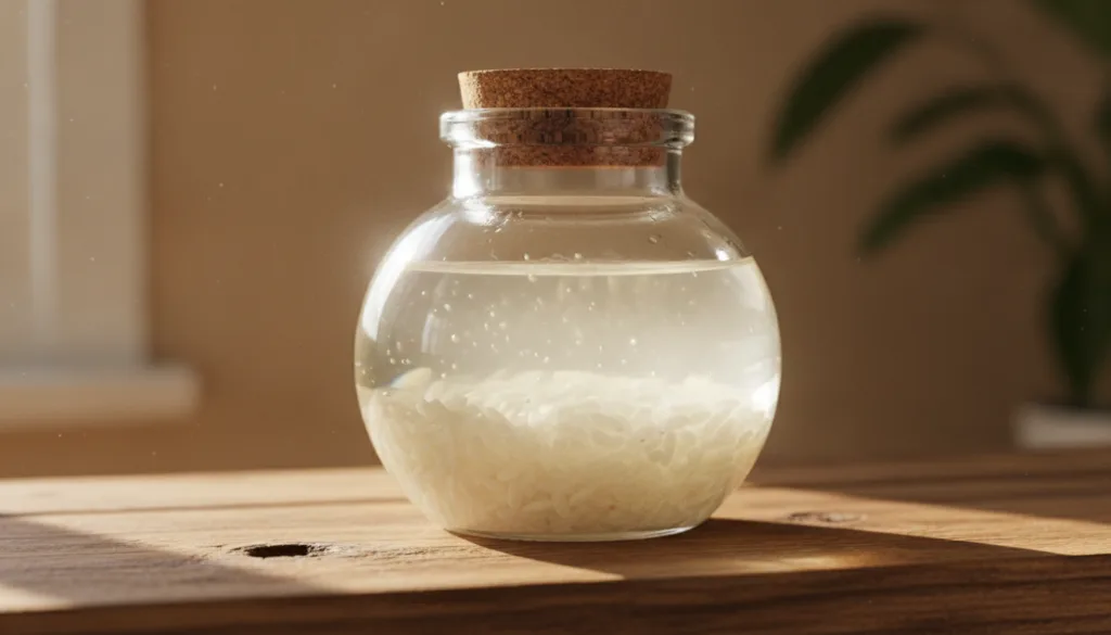 A close-up of a glass jar filled with baby oil and white rice grains sitting on a wooden surface with soft natural light